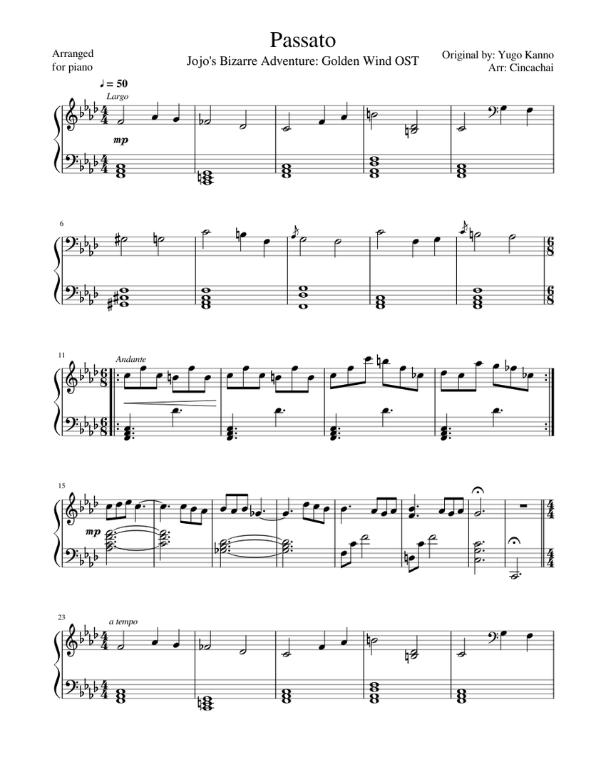 Jojo's Bizarre Adventure: Golden Wind - Passato Sheet music for Piano  (Solo) Easy | Musescore.com