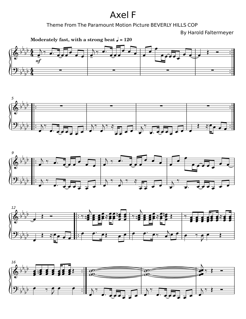 Axel F Note Eastern Axel F (Beverly Hills Cop Theme) - Harold Faltermeyer Sheet Music for ...