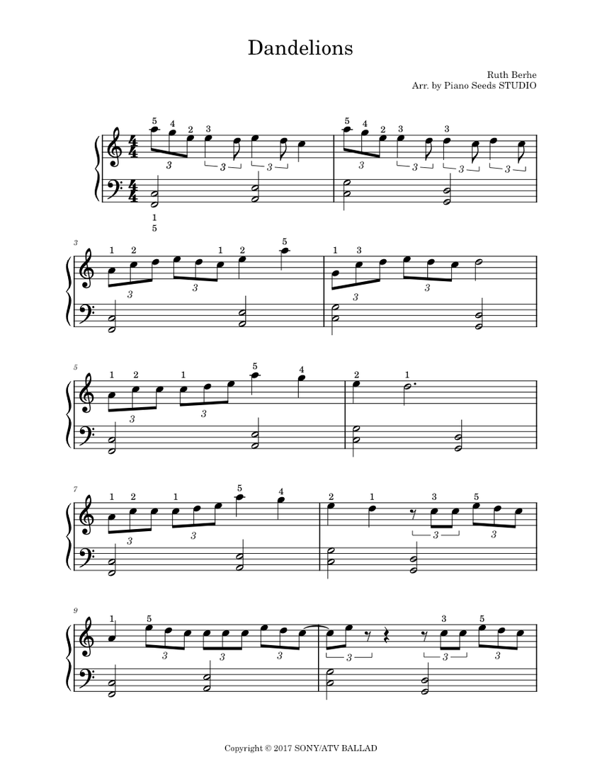 Dandelions – Ruth B EASY PIANO Sheet Music For Piano (Solo) | Musescore.com