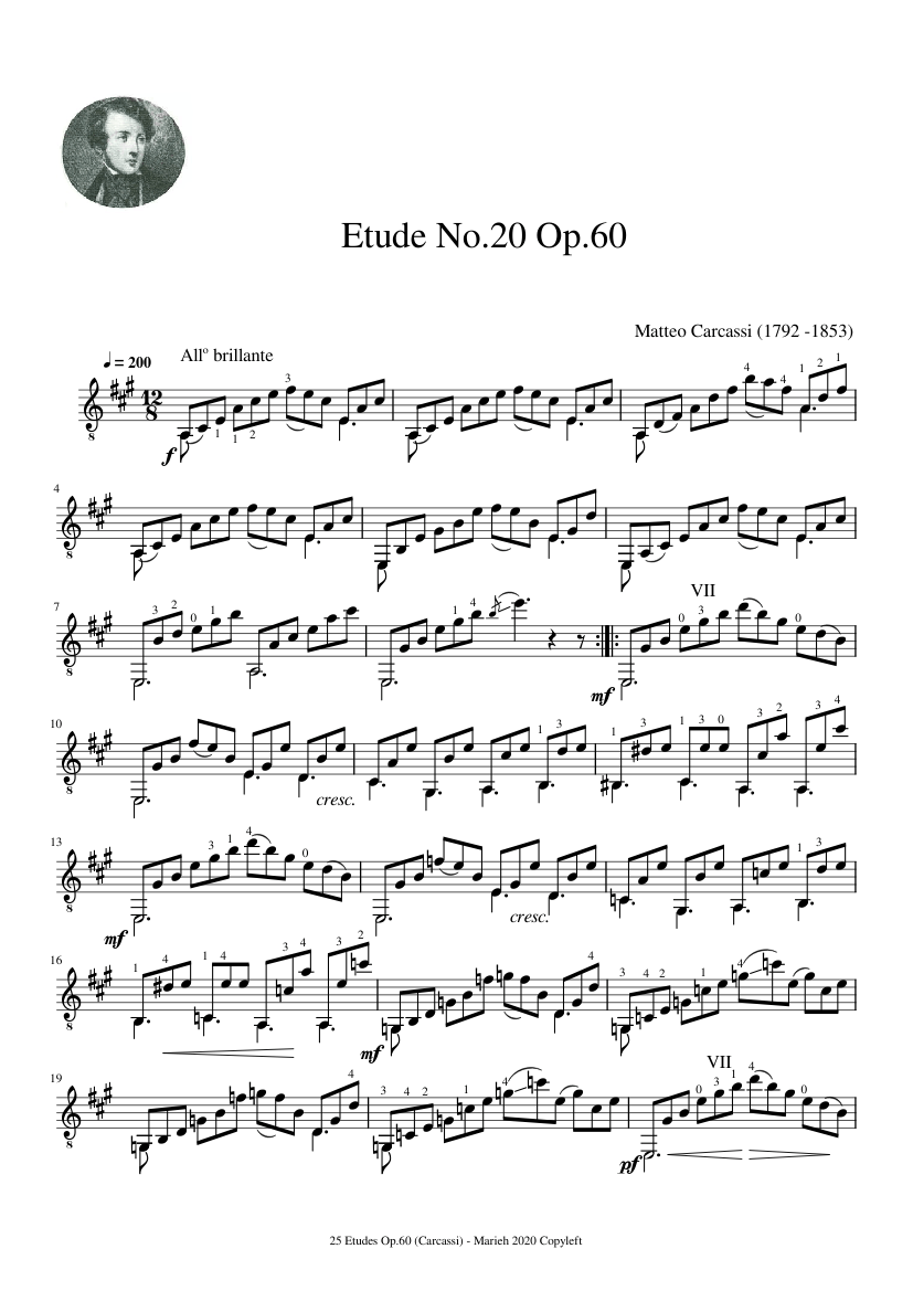 Etude No.20 Op.60 - Carcassi, Matteo (1792 - 1853) Sheet Music for