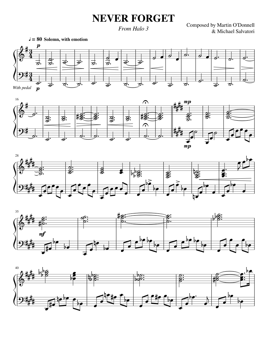 Never Forget (from Halo 3) Sheet music for Piano (Solo) | Musescore.com