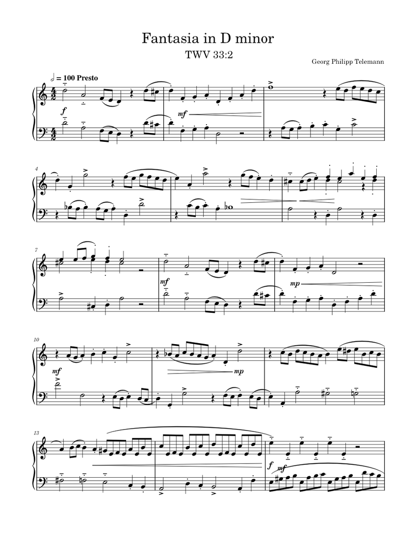 Telemann, Fantasia In D minor (TWV 33-2) Sheet music for Harpsichord (Solo)  | Musescore.com