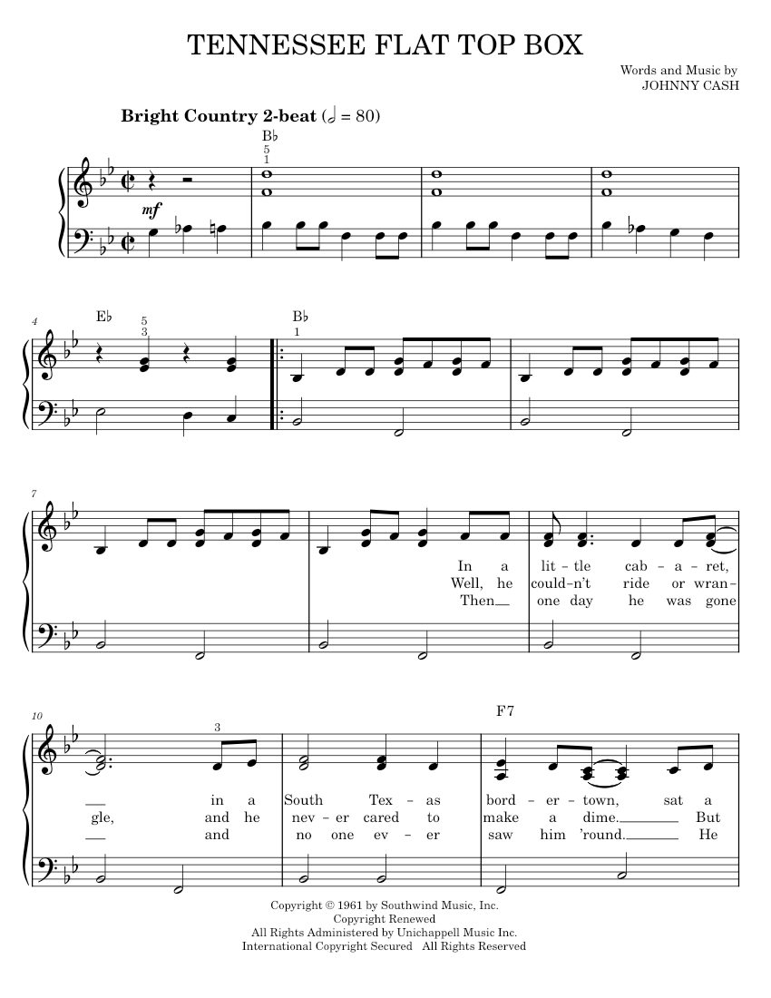 tennessee flat top box Sheet music for Piano by Johnny Cash Official