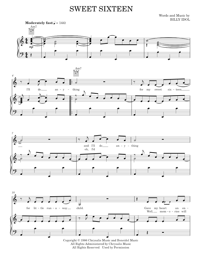 sweet sixteen Sheet music for Piano, Vocals by Billy Idol Music Notes