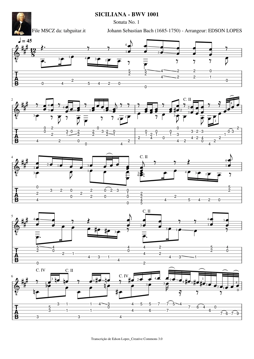 Bach. Johann Sebastian - BWV 1001 Siciliana by Johann Sebastian