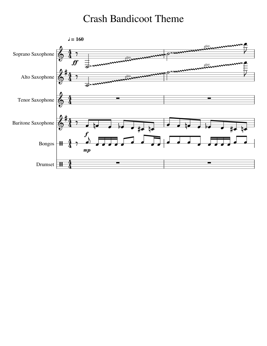 Crash Bandicoot Theme Sax Quartet w/ percussion Sheet music for