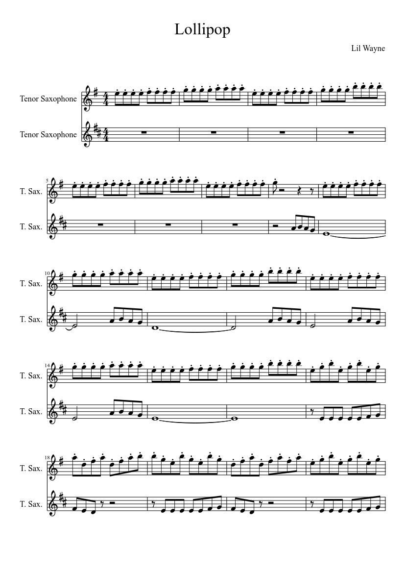 Lollipop- lil wayne Sheet music for Saxophone tenor (Woodwind Duet) |  Musescore.com