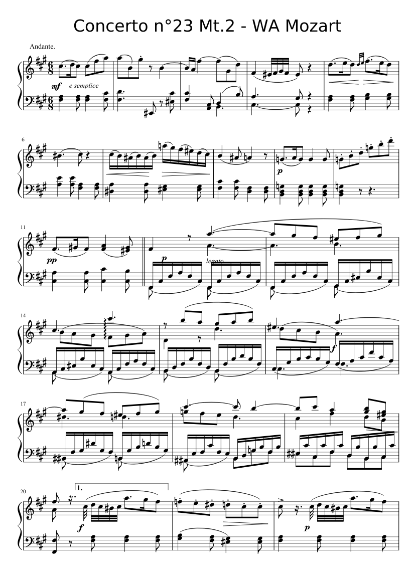 Mozart concerto n°23 2ème mvt Sheet music for Piano (Solo) | Musescore.com