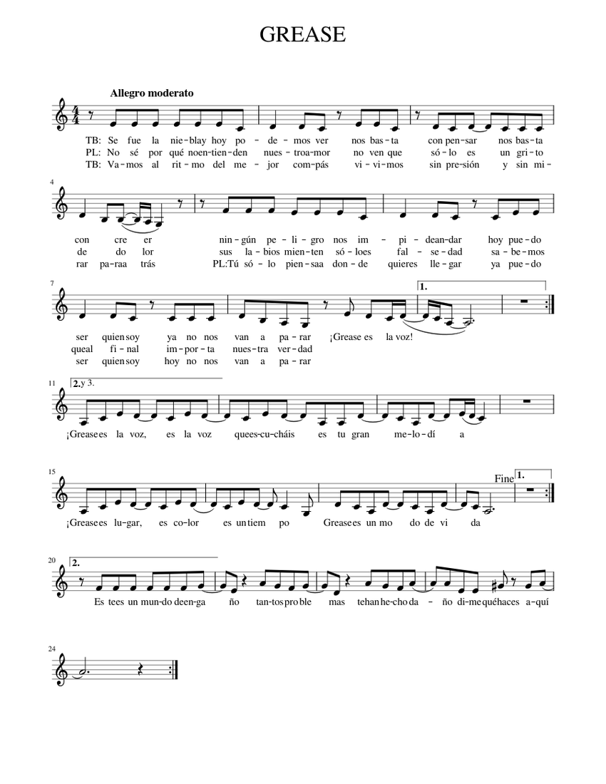 GREASE partitura 1 Sheet music for Vocals (Solo) | Musescore.com