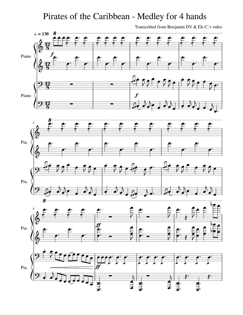 Pirates of the Caribbean - Medley for 4 hands Sheet music for Piano (Mixed  Duet) | Musescore.com