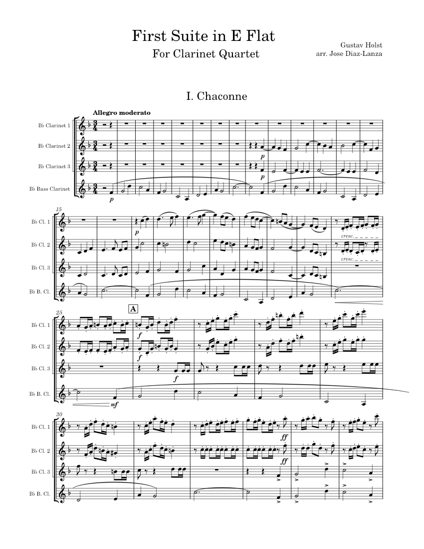 First Suite In E Flat, For Clarinet Quartet Sheet Music For Clarinet In ...