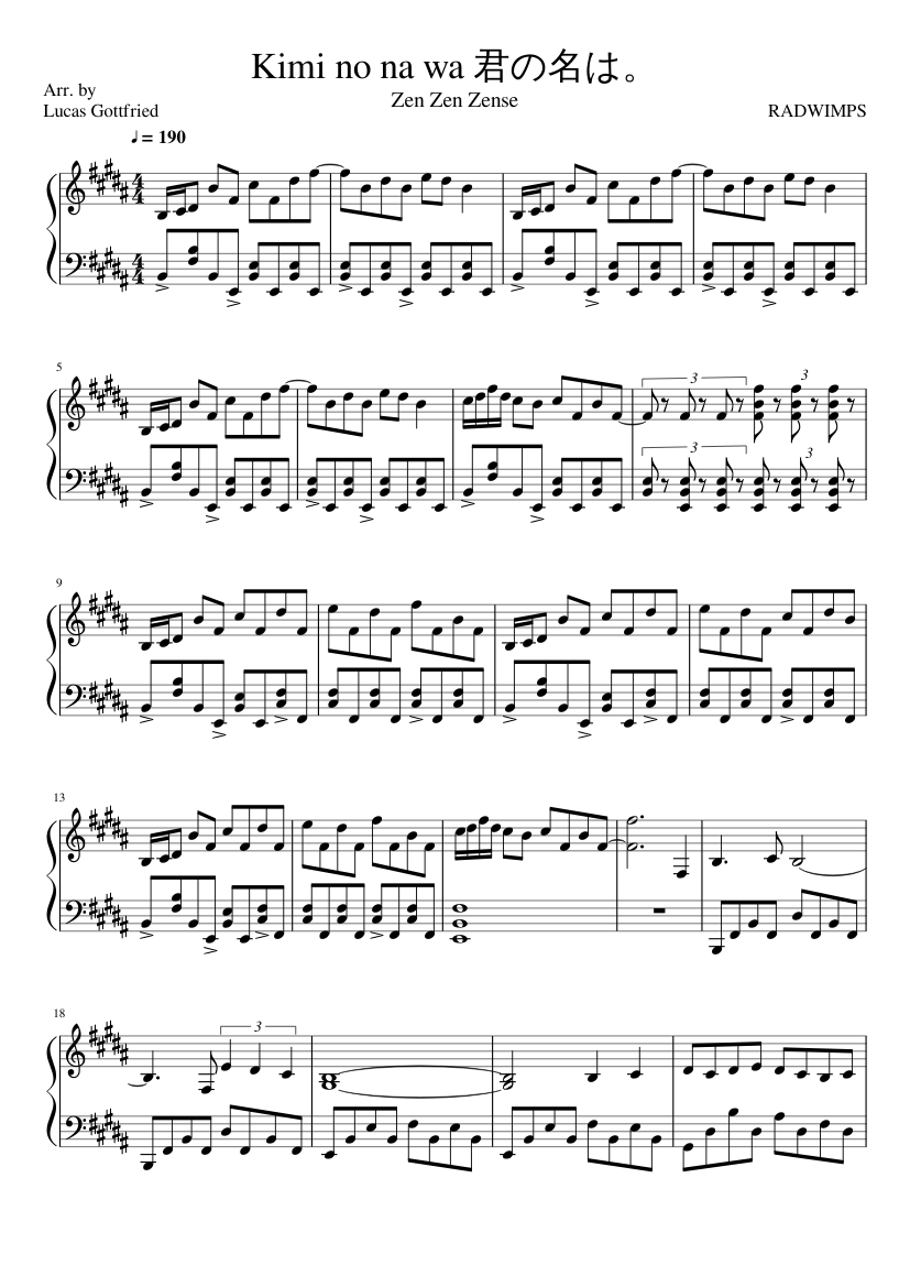 Kimi no Na wa. - Zen Zen Zense Sheet music for Piano (Solo) | Musescore.com