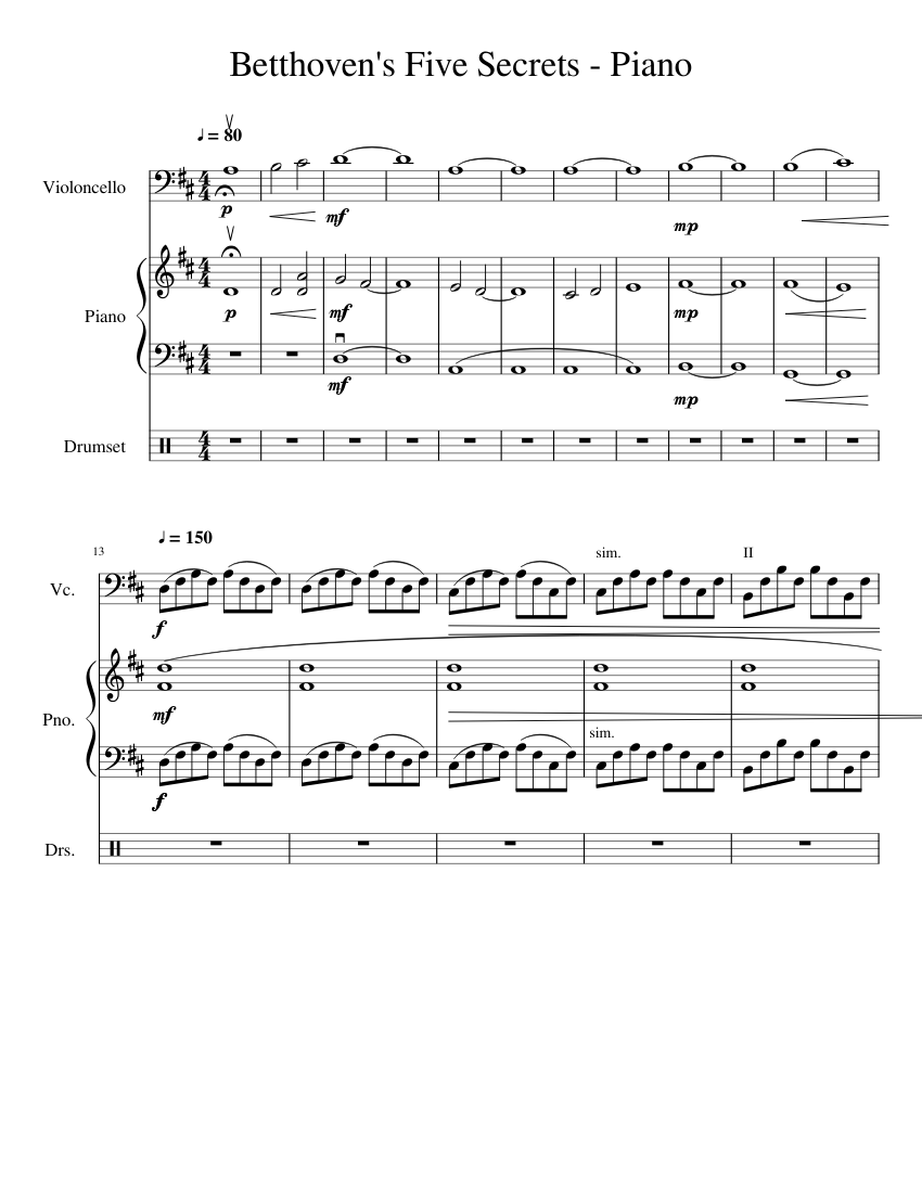 Beethovens 5 Secrets Cello & Piano Sheet music for Piano, Cello, Drum group  (Mixed Trio) | Musescore.com