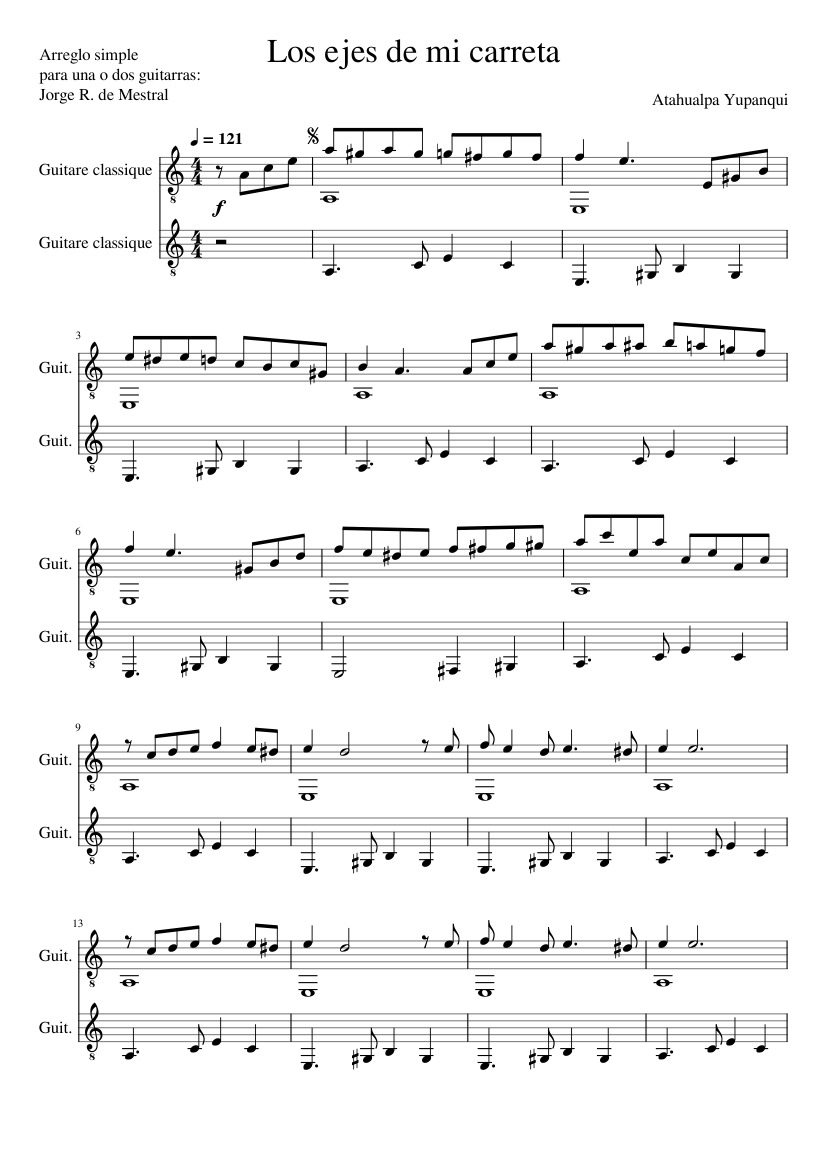 Los ejes de mi carreta – Atahualpa Yupanqui Sheet music for Guitar (Mixed  Duet) | Musescore.com