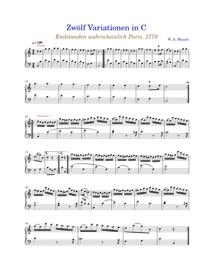 12 Variations on Ah vous dirai-je maman K.265/300e