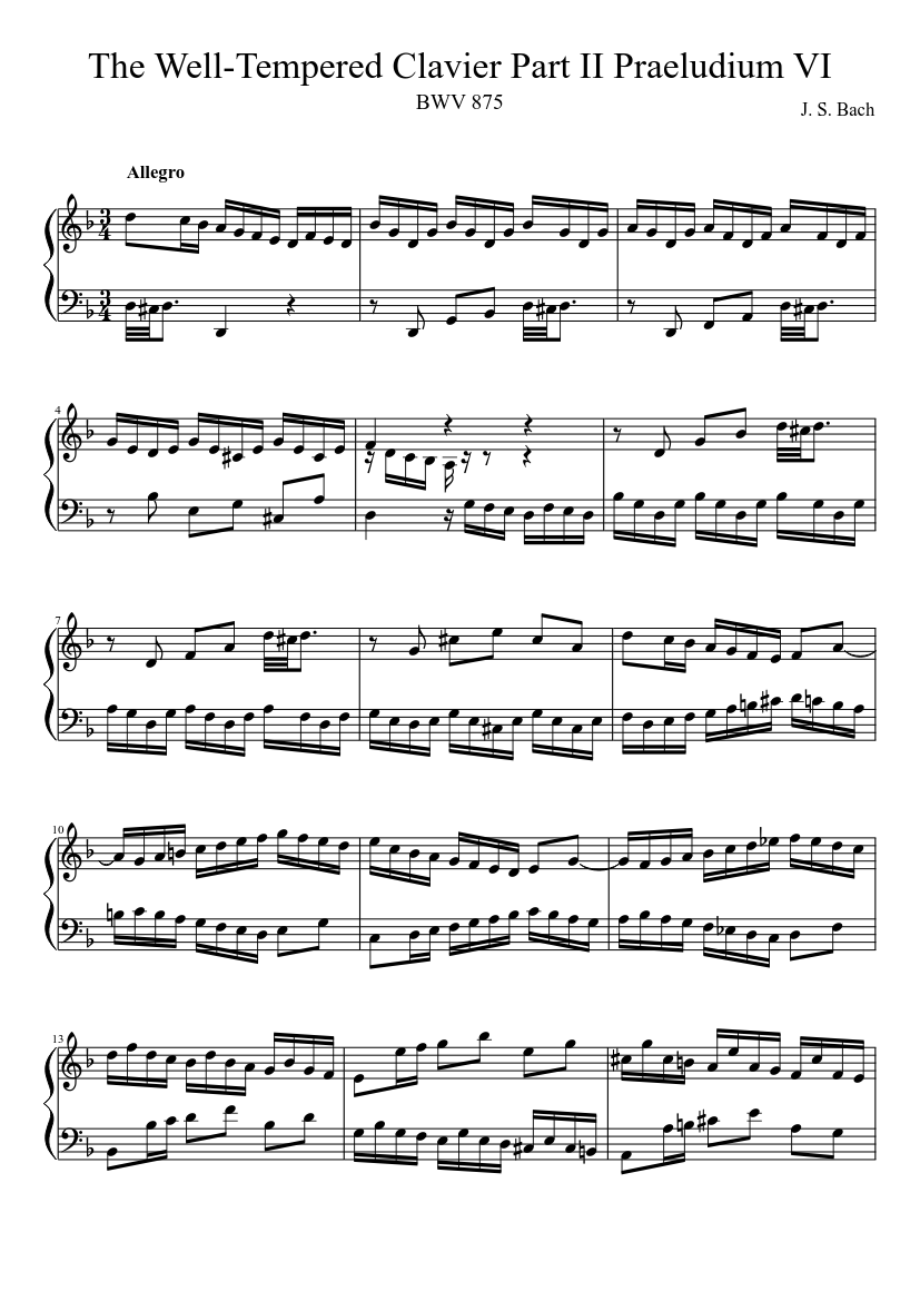 BWV 875 The Well-Tempered Clavier Part II Praeludium VI Sheet music for  Harp (Solo) | Musescore.com