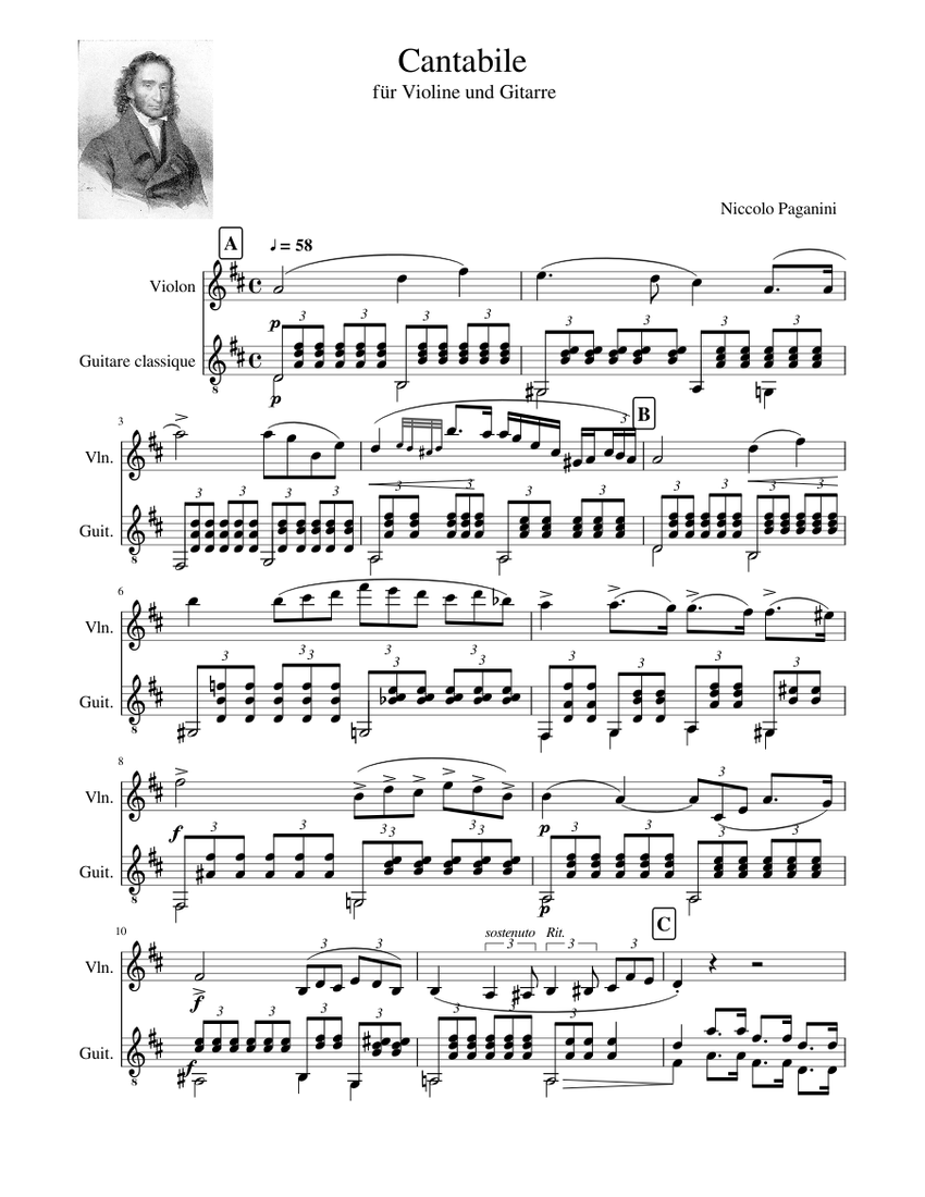 Cantabile for violin and guitar by Niccolo Paganini Sheet music for Violin,  Guitar (Mixed Duet) | Musescore.com