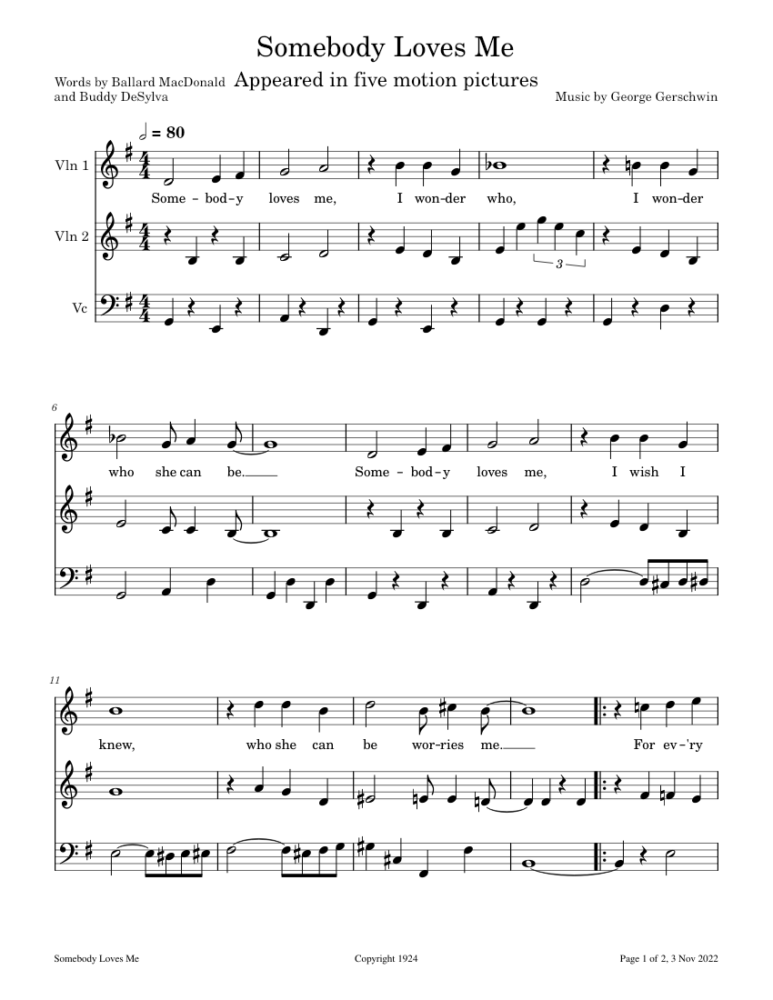 Somebody loves me – George Gershwin Sheet music for Violin, Cello ...