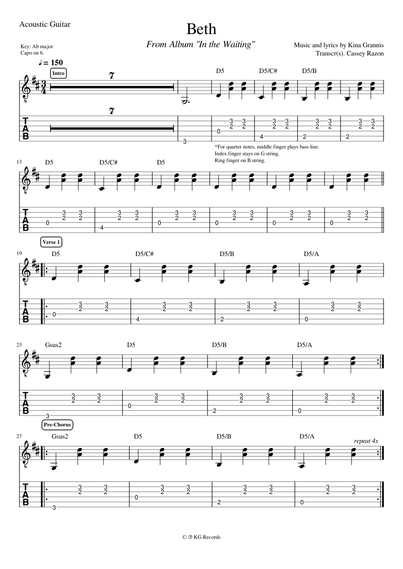 Beth Sheet Music and Tab for Guitar (Solo) | MuseScore.com