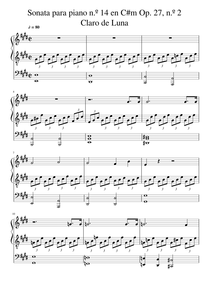 Sonata para piano n.º 14 en C#m Op. 27, n.º 2 Claro de Luna Sheet music for  Piano (Solo) | Musescore.com