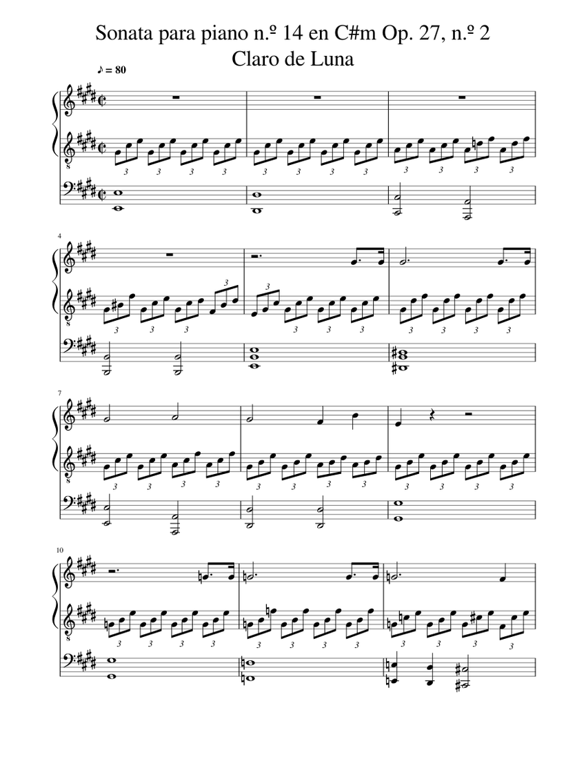Sonata Para Piano N º 14 En C M Op 27 N º 2 Claro De Luna Sheet Music For Piano Solo Musescore Com