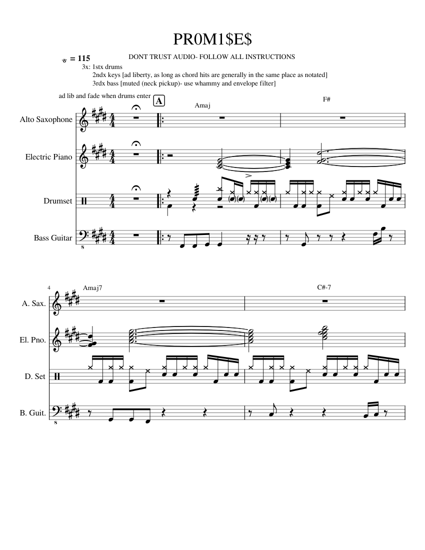 PROMISES Sheet music for Drum Group, Saxophone (Alto), Bass, Piano