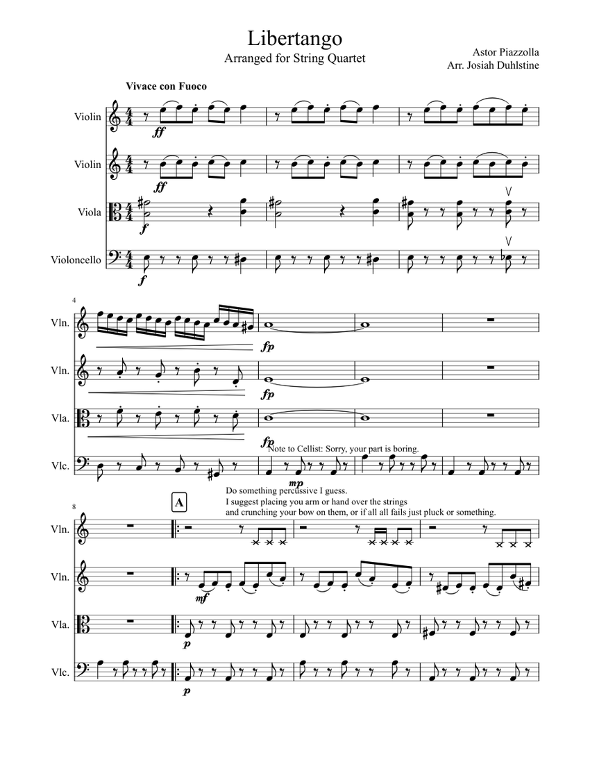 UPDATED Libertango by Astor Piazzolla for String Quartet Sheet music for Vi...