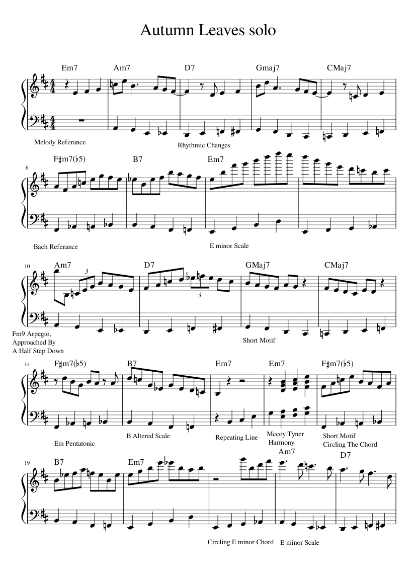 Autumn Leaves solo Improvisation Guide (And Walking Bass) Sheet music for  Piano (Solo) | Musescore.com