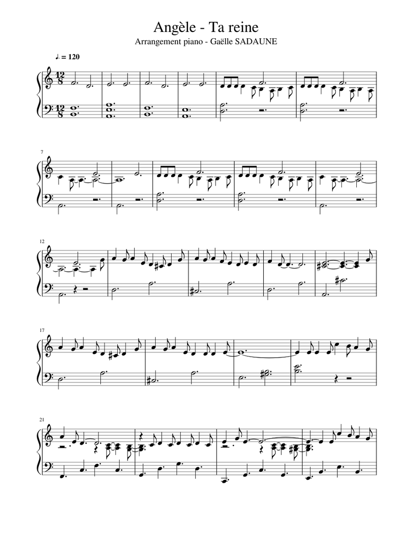 Ta reine – Angèle Arrangement Gaëlle SADAUNE Sheet music for Piano (Solo) |  Musescore.com