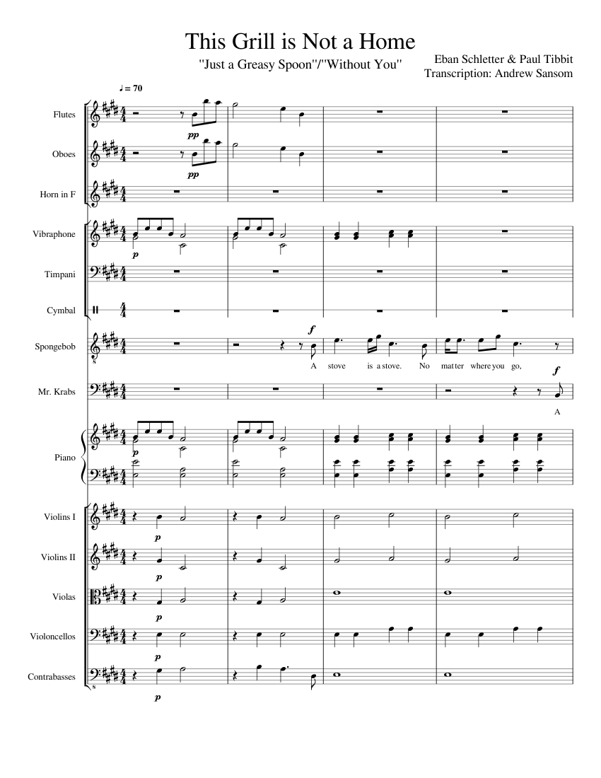 This Grill is Not a Home, from SpongeBob SquarePants Sheet music for Piano,  Flute, Oboe, French horn & more instruments (Mixed Ensemble) | Musescore.com