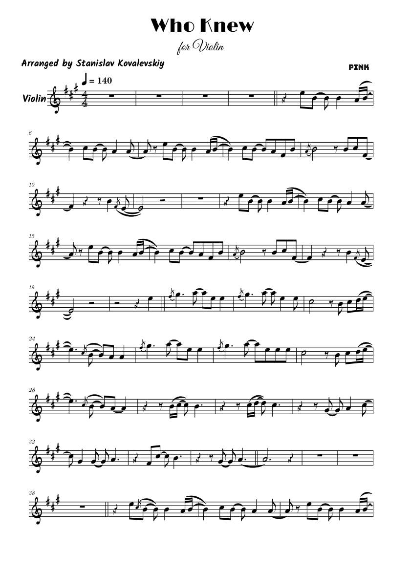 Who Knew Pink! (Violin Cover by Stanislav Kovalevskiy) Sheet music