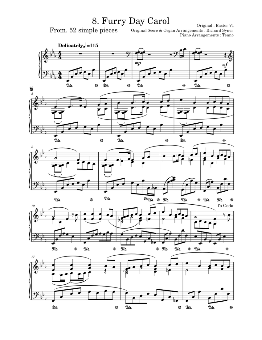 Furry day carol piano arrange sheet music for piano solo