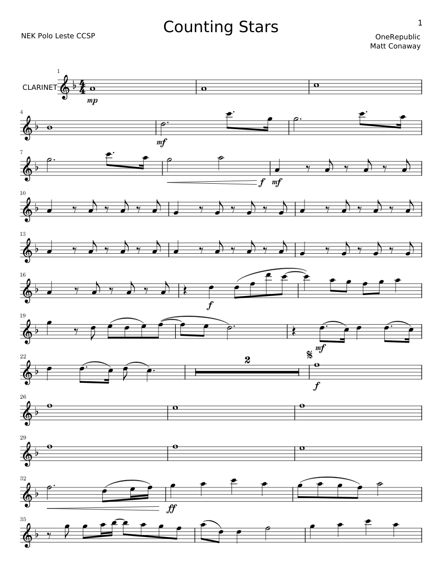 Counting stars -OneRepublic Sheet music for Clarinet in b-flat (Solo ...
