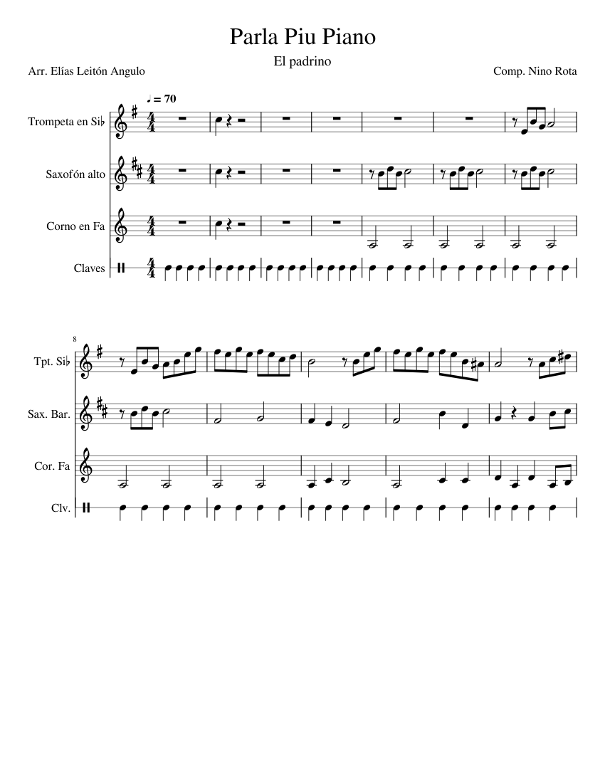 Parla Piu Piano Sheet music for Saxophone baritone, Trumpet in b-flat,  French horn, Claves (Mixed Trio) | Musescore.com