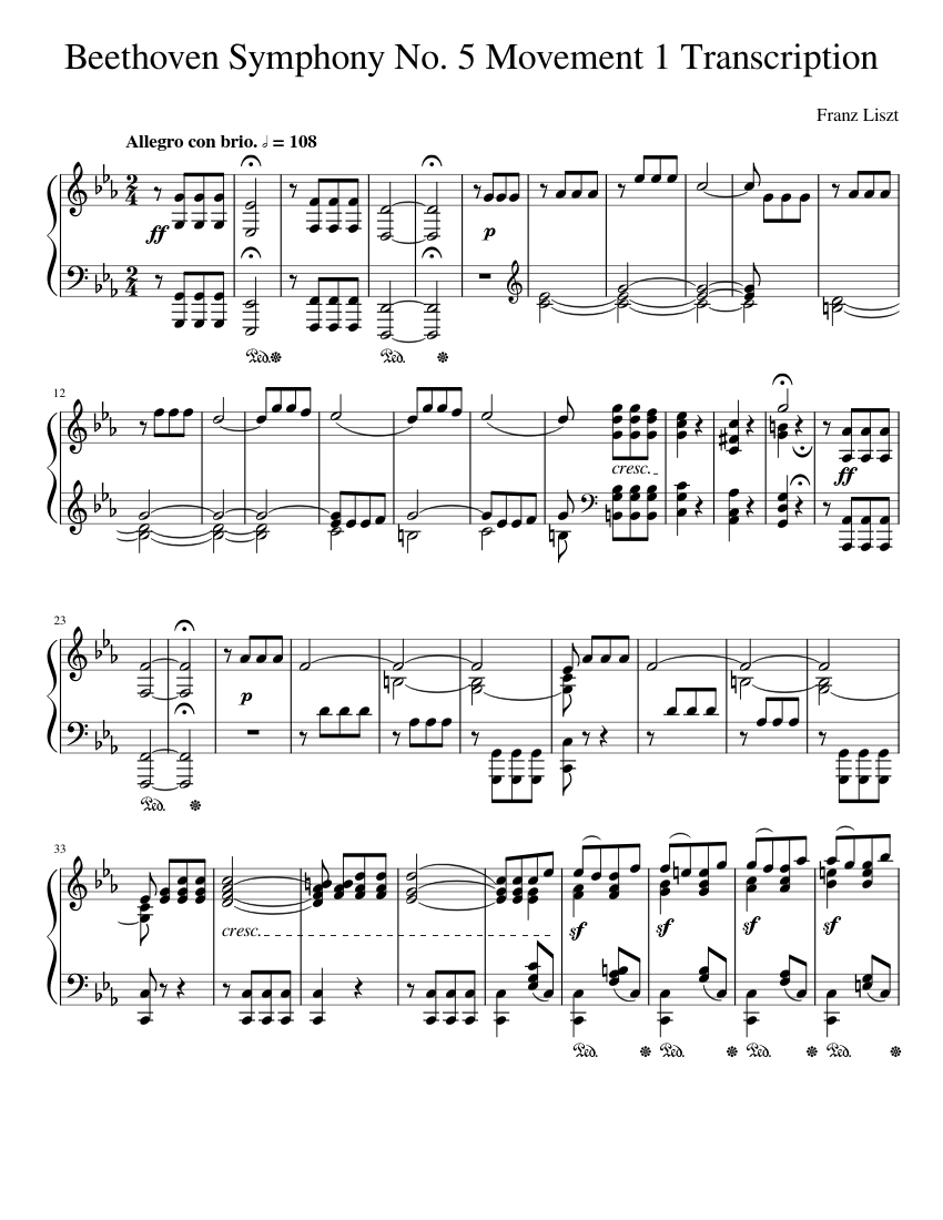 Beethoven Symphony No. 5 Movement 1 Transcription By Liszt Sheet music for  Piano (Solo) | Musescore.com