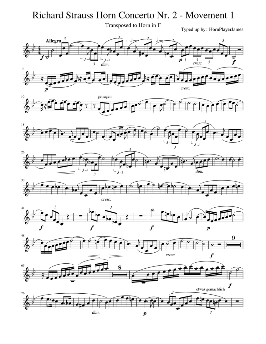Richard Strauss Horn Concerto Nr. 2 Mvmt.1 - F Horn Sheet music for French  horn (Solo) | Musescore.com