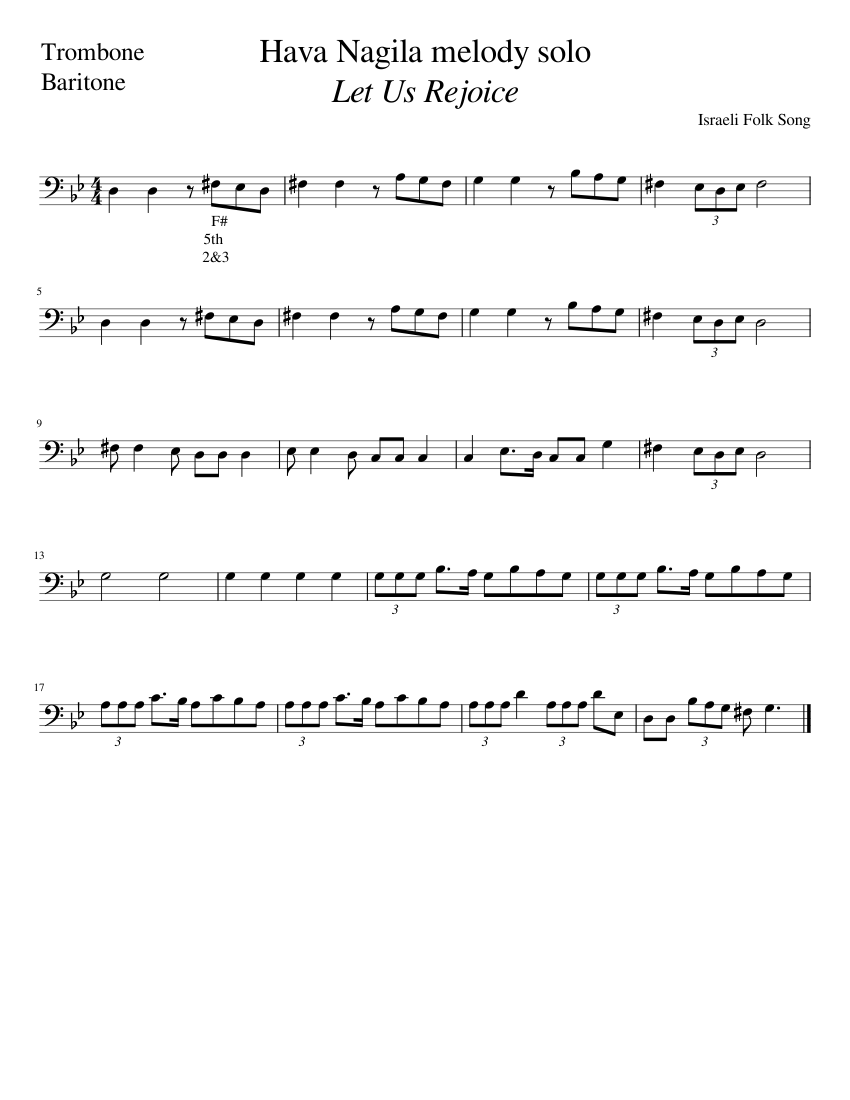 Hava Nagila melody solo trombone baritone Sheet music for Trombone