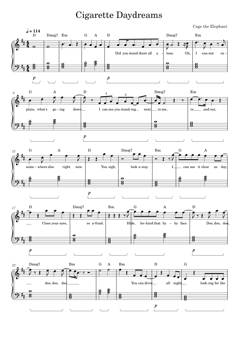 Cigarette Daydreams - Cage the Elephant Sheet Music with Chords for Piano  (Solo) easy
