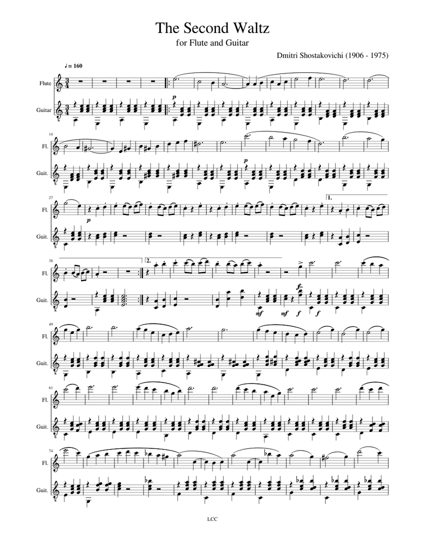 Shostakovichi The Second Waltz (for Flute and Guitar) Sheet music for Flute, Guitar (Mixed