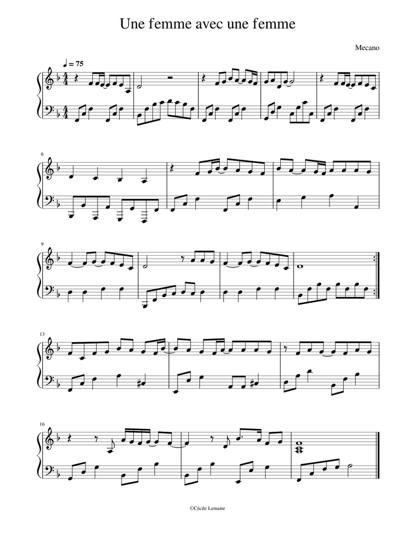 Une femme avec une femme - Mecano Sheet music for Piano (Solo) Easy |  Musescore.com