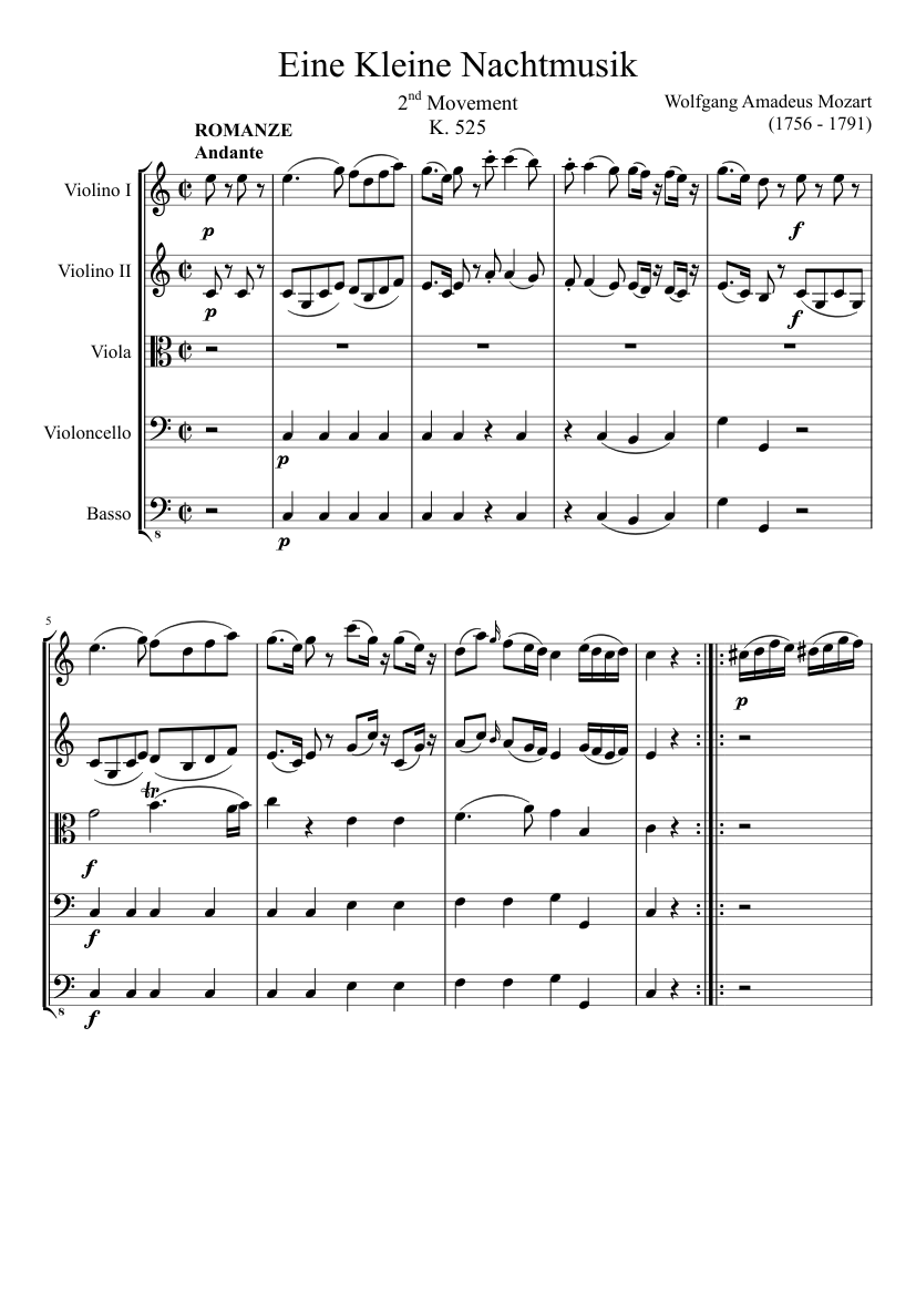 Eine Kleine Nachtmusik, 2nd Sheet music for Contrabass, Violin, Viola, Cello (String Quintet) | Musescore.com