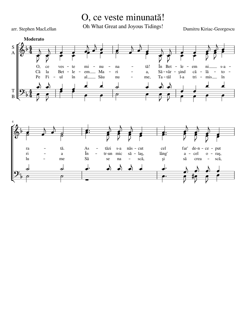 O, ce veste minunată - Romanian Christmas Carol (SATB) Sheet music for  Vocals (SATB) | Musescore.com