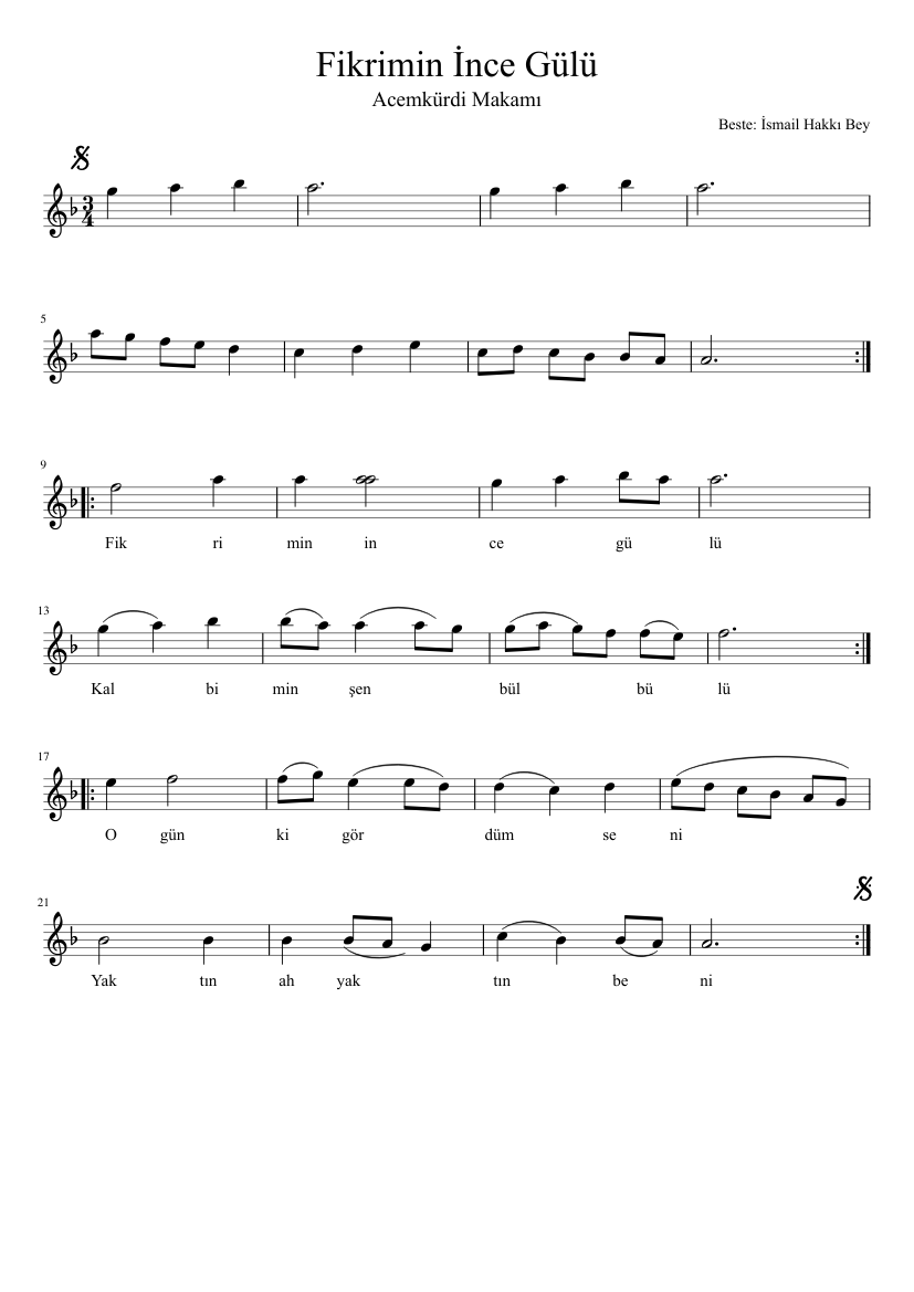 Fikrimin İnce Gülü Sheet music for Violin (Solo) | Musescore.com