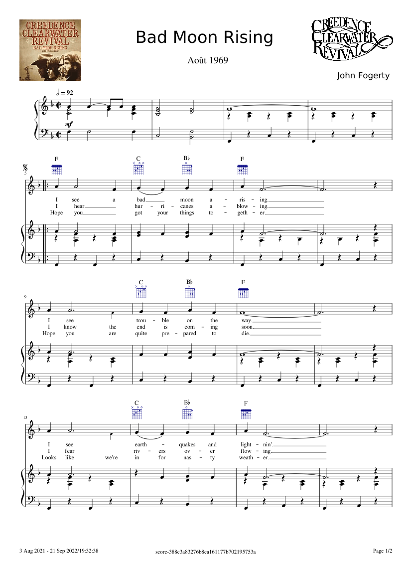 Bad Moon Rising (piano) – Creedence Clearwater Revival Sheet Music with ...