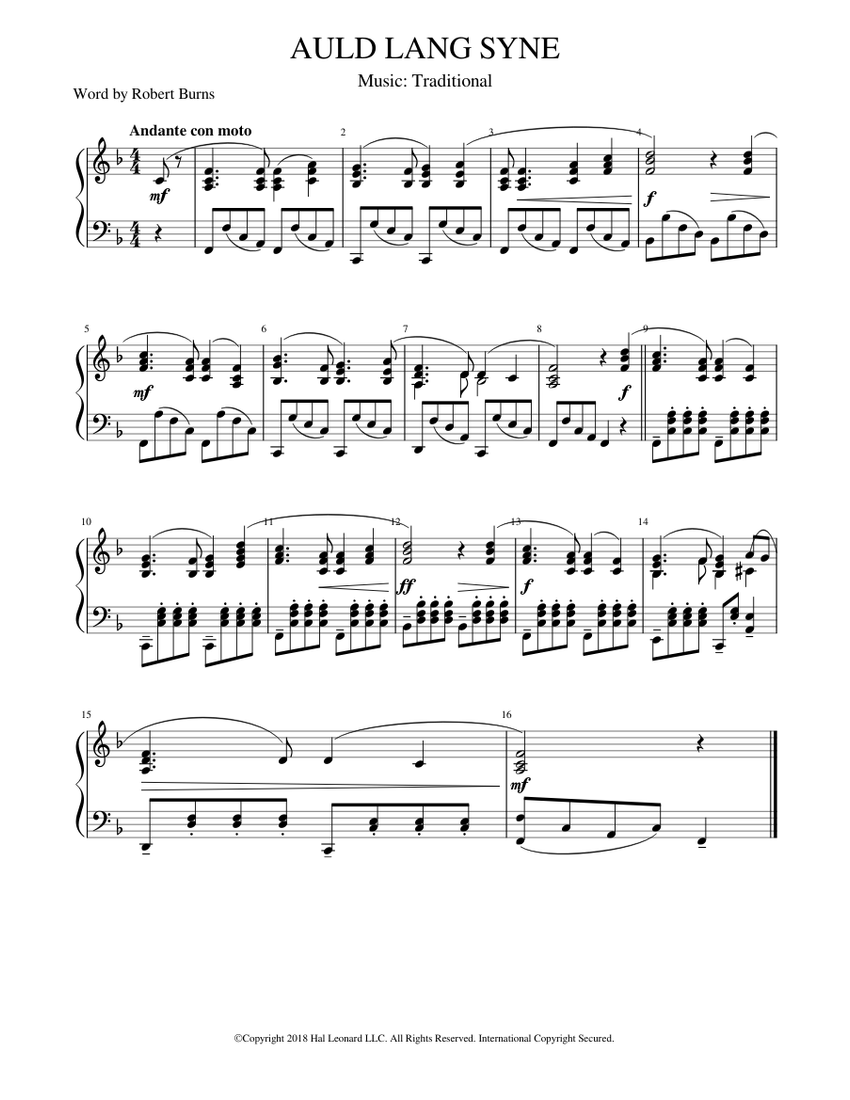 Robert Burns -AULD LANG SYNE Sheet music for Piano (Solo) | Musescore.com