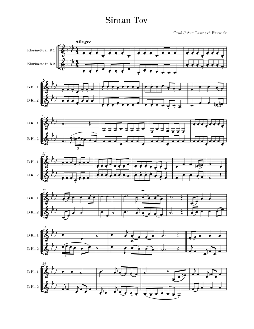 Siman tov Sheet music for Clarinet in b-flat (Woodwind Duet) | Musescore.com