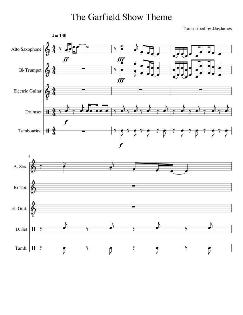 The Garfield Show Theme Sheet Music For Trumpet In B Flat Drum Group Saxophone Alto Guitar More Instruments Jazz Band Musescore Com