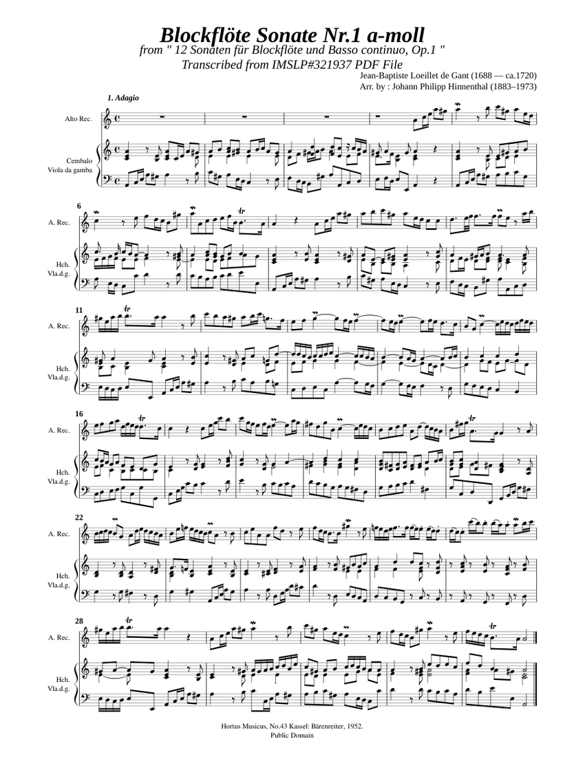 Loeillet, J.B. de gant_Recorder Sonata Op.1-No.1 in a-moll Sheet music for  Bassoon, Harpsichord, Recorder (Mixed Trio) | Download and print in PDF or  MIDI free sheet music for Recorder Sonata Op.1-No.1 in