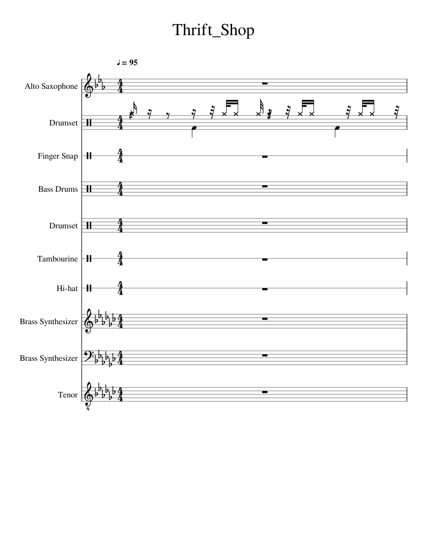 Thrift Shop Sheet music for Tenor, Tambourine, Saxophone alto, Drum