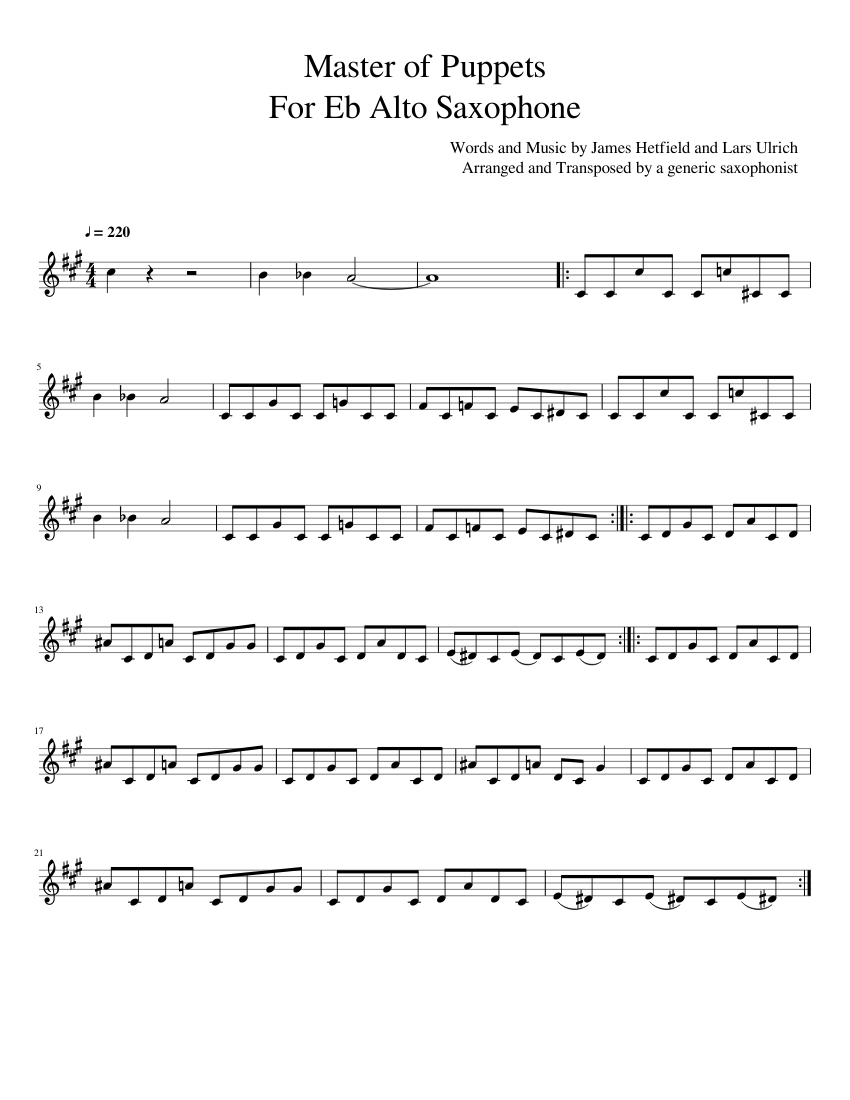 Puppet Note Music Master of Puppets for Eb Alto Saxophone Sheet Music for Saxophone alto ...